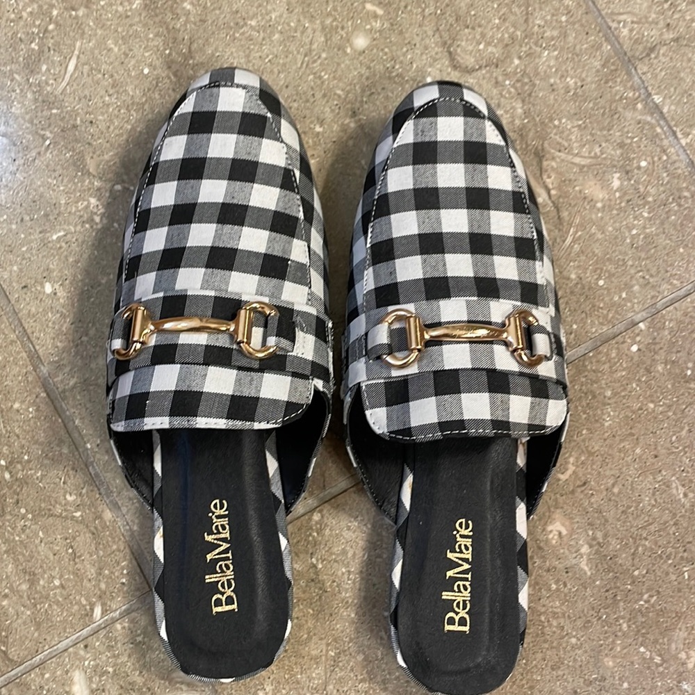 Bella Marie flat Slip on, Miles, Black and White Check, Size 9.